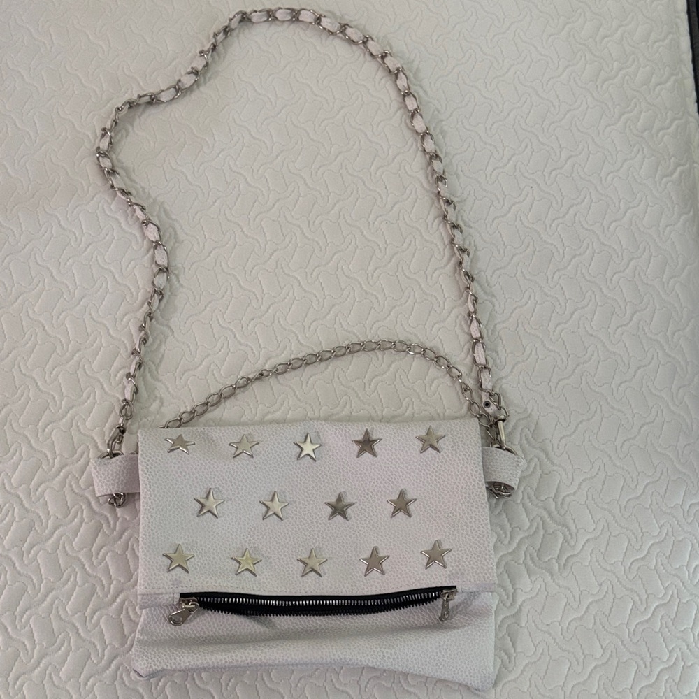 White leather Star-Embellished Crossbody Bag with Chain Strap